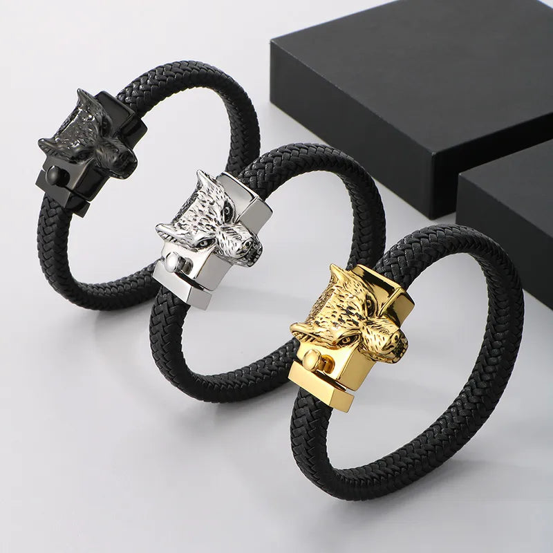 Business Retro Wolf Head 304 Stainless Steel 18K Gold Plated Men's Bracelets