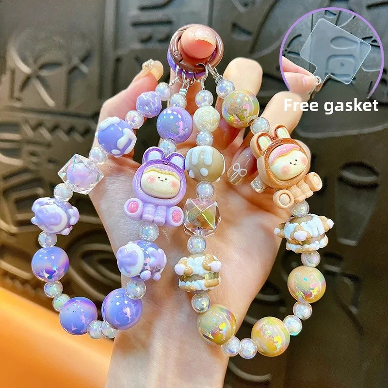 Cute Cartoon Mobile Phone Chain Dopamine Handmade Beaded Key Holder Wristband Style Girls Keychain Acrylic Cute Style