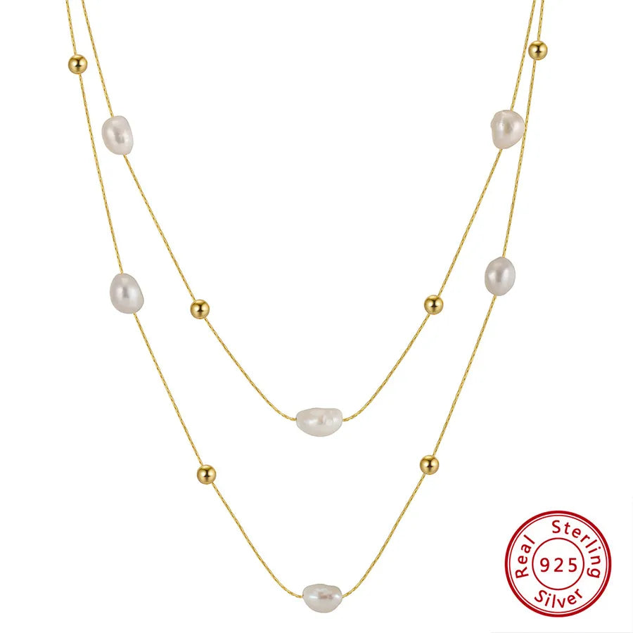 925 Sterling Silver Freshwater Pearl cable chain Plating Geometric Double Layer Necklaces Pendant Necklace Necklace