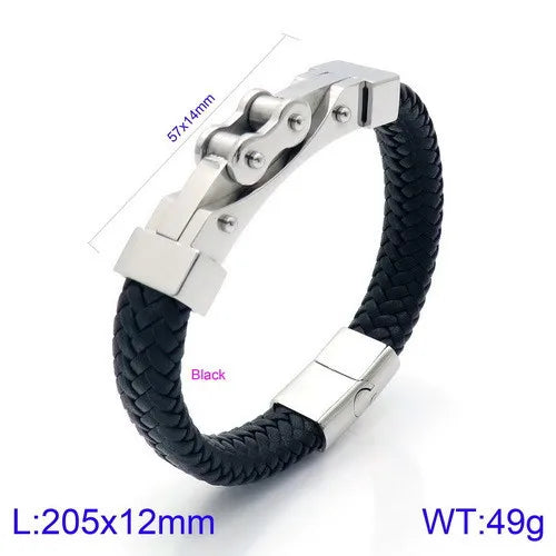 rock punk geometric pu leather titanium steel braid chain men's bangle