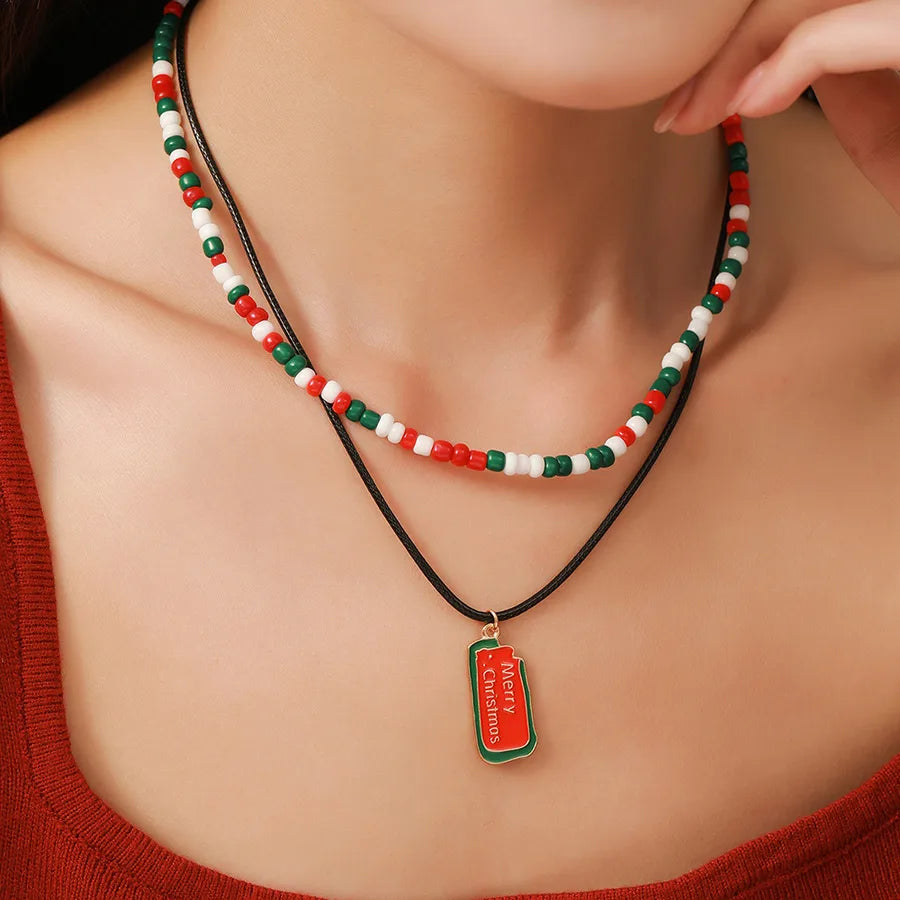 Christmas Themed Double Layered Necklace With Santa Claus Design Glass Beads Clavicle Chain Jewelry Accessory For Unisex Use