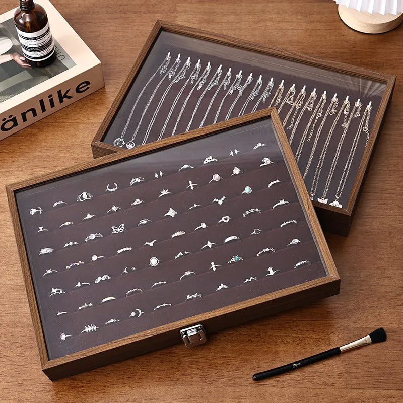 Walnut Wooden Jewelry Storage Box Earring Necklace Ring Organizer Dustproof Display Stand For Vendors Luxury Jewelry Case