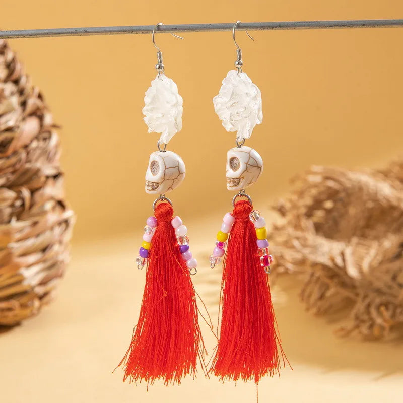 Creative Halloween Skull Tassel Earrings  Style Funny Geometric Pattern Handmade Alloy Women's Jewelry