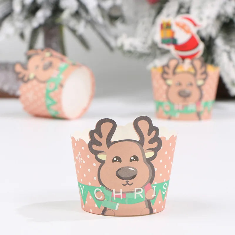 Christmas Theme Cake Cup Maker Thickened Muffin Cup Deer Round Cake Cup Heat Resistant Durable Cup 50 Pieces Baking Packaging