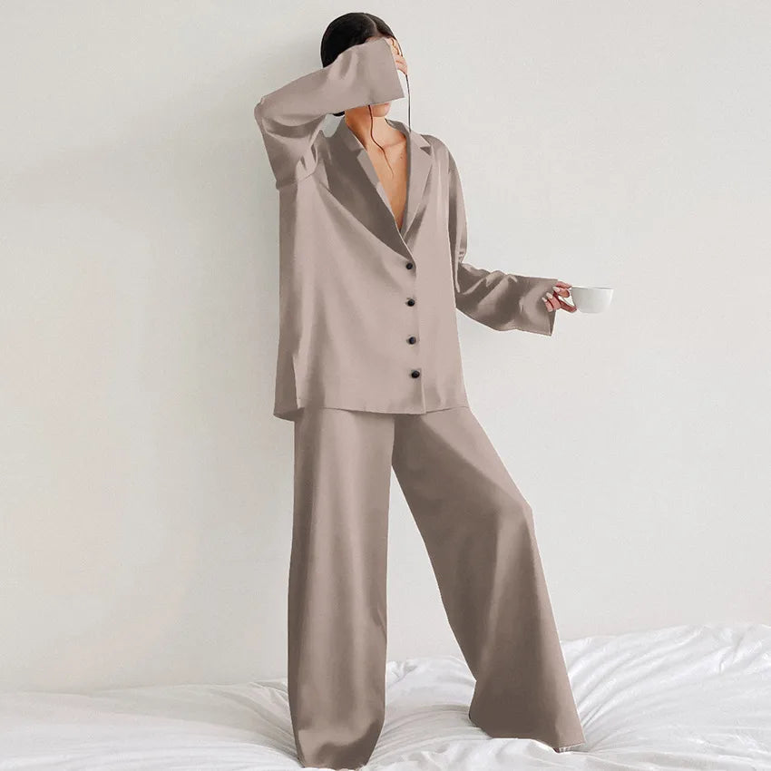 women's fashion solid color imitated silk polyester pants sets