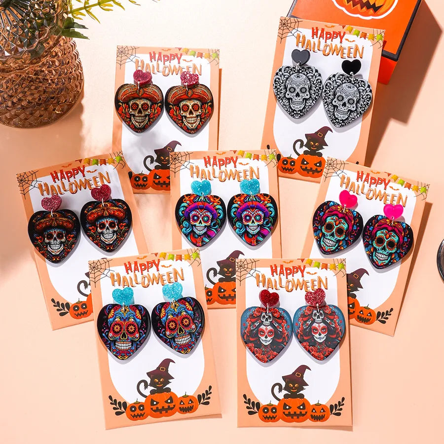 Creative Acrylic Skeleton Head Earrings Set For Women Halloween Theme Personalized Fashion Jewelry Love Shape Card Included