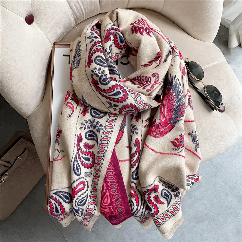 women's retro color block imitation cashmere printing scarf