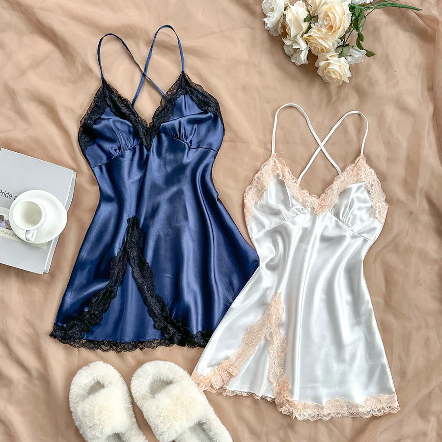 Home Elegant Sexy Color Block Lace Imitated Silk Polyester Pajama Sets