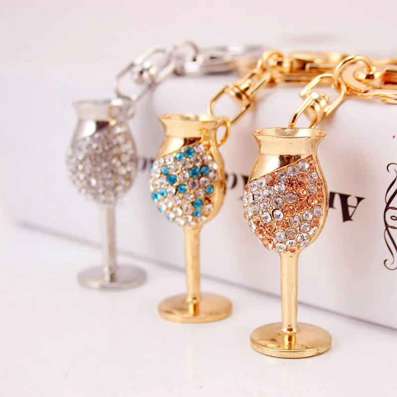 creative diamond-studded goblet keychain red wine glass key chain metal pendant
