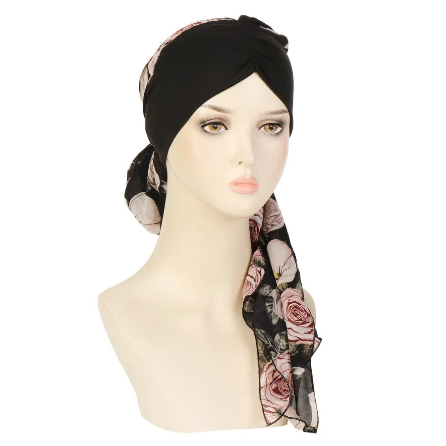 Fashionable Floral Print Chiffon Long Tail Headscarf Hat Women's Head Wrap Cap Winter Summer Spring Seasonal All-Match Hat