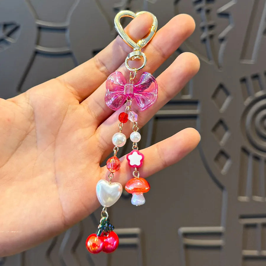 Cute Metal Keychain Pendant Beaded Bookbag Girl's Bag Charm  Style Cartoon Design Half Handmade Flower