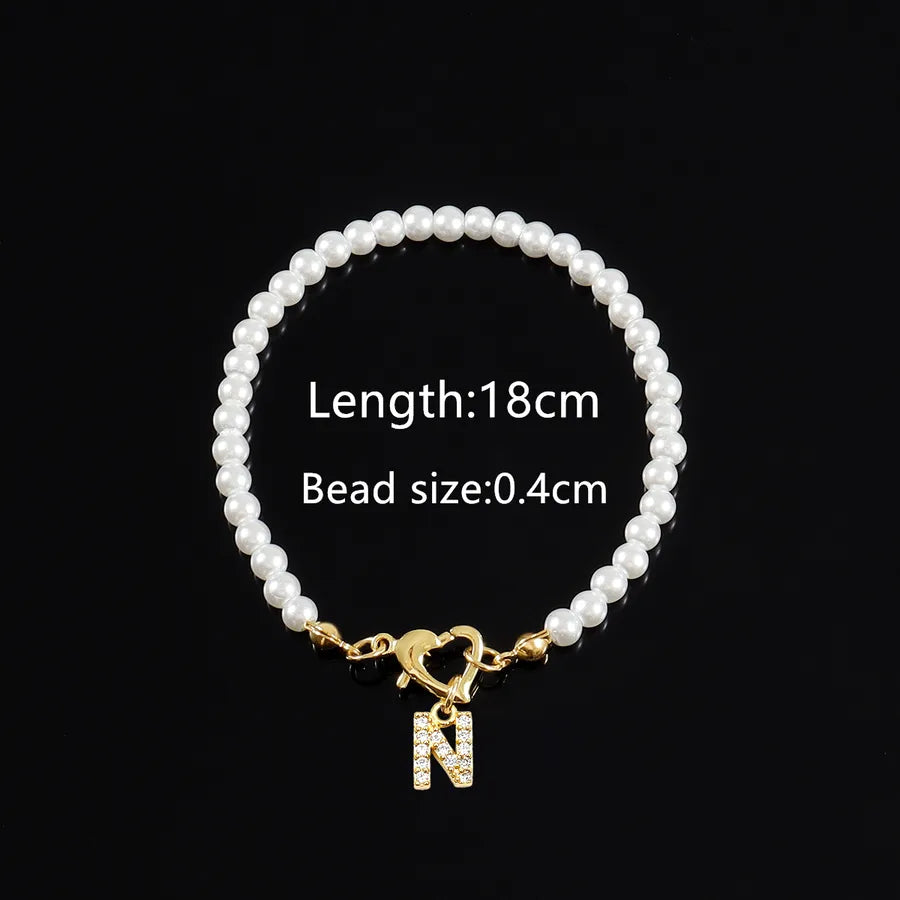 Elegant Classic Style Letter Heart Shape Zircon Artificial Pearl Copper Beaded Chain Beaded Bracelets Wholesale