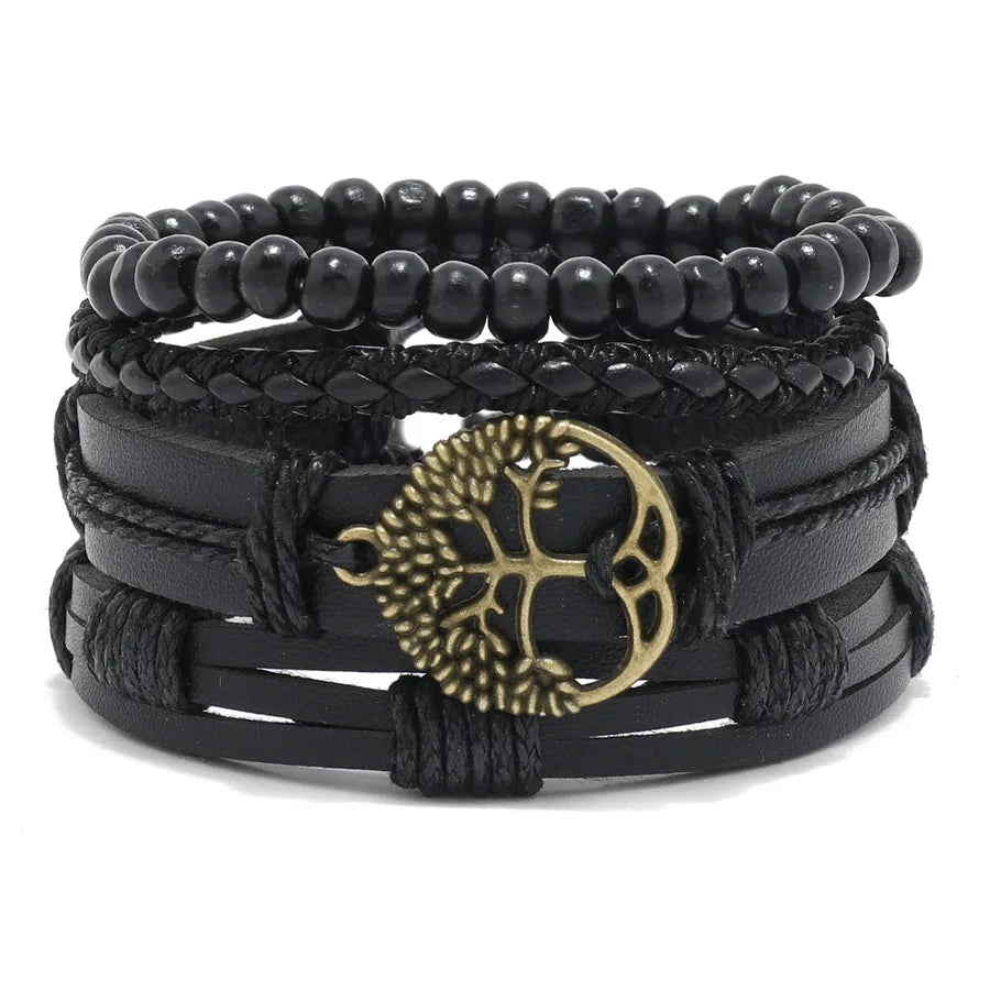 Retro Waves Flower Pu Leather Wood Beaded Men's Bracelets