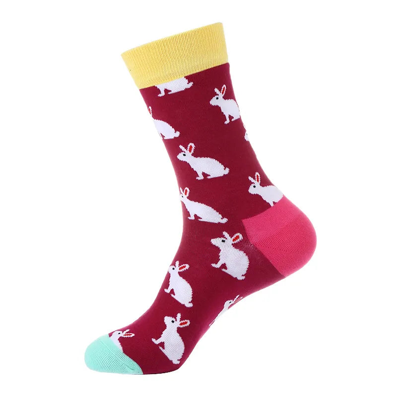 Men's Cute Streetwear Rabbit Smile Face Cotton Jacquard Crew Socks 10 Pairs Per Pack