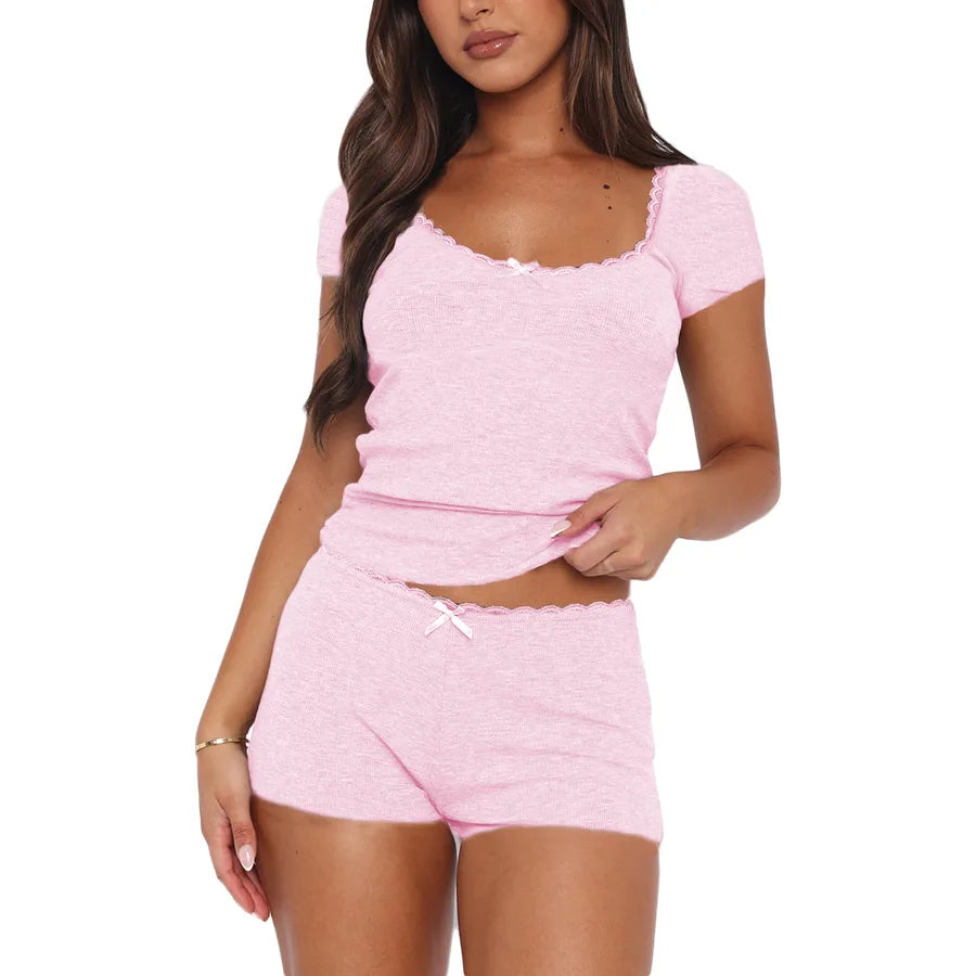 Holiday Daily Selfie Women's Casual Elegant Lady Solid Color Bow Knot Polyester Shorts Sets Pajama Sets