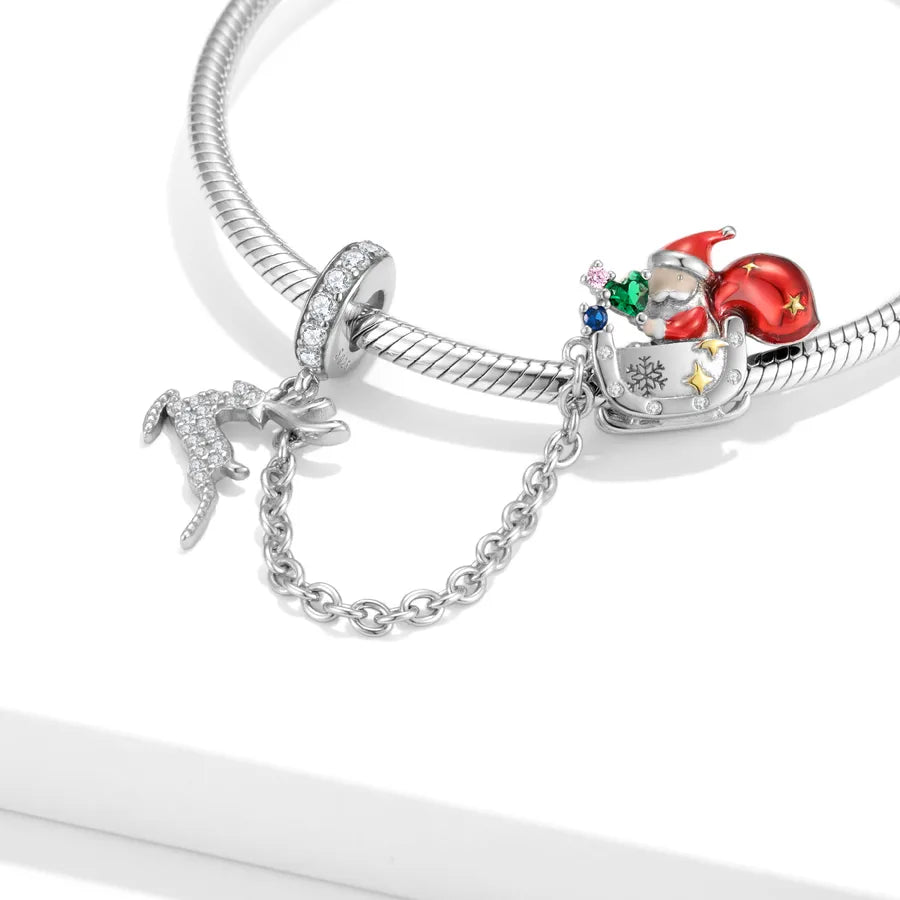 1 Piece 925 Sterling Silver Zircon Santa Claus Elk Pendant Rope Chain Charms