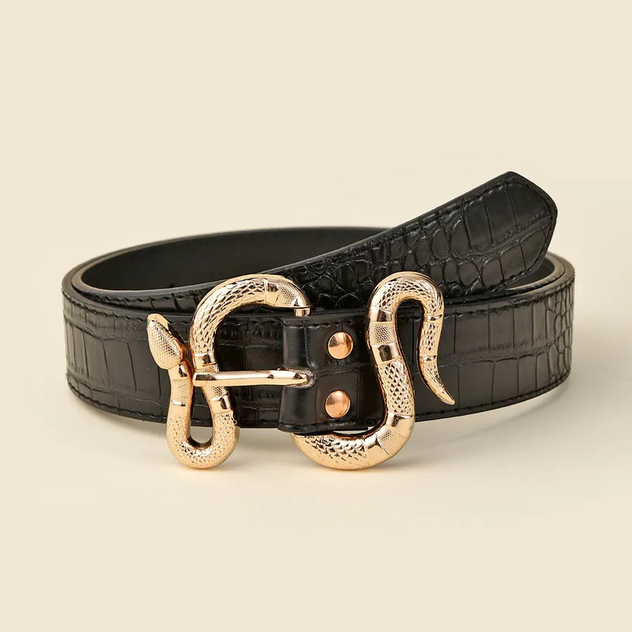 elegant streetwear solid color snake pu leather alloy women's leather belts