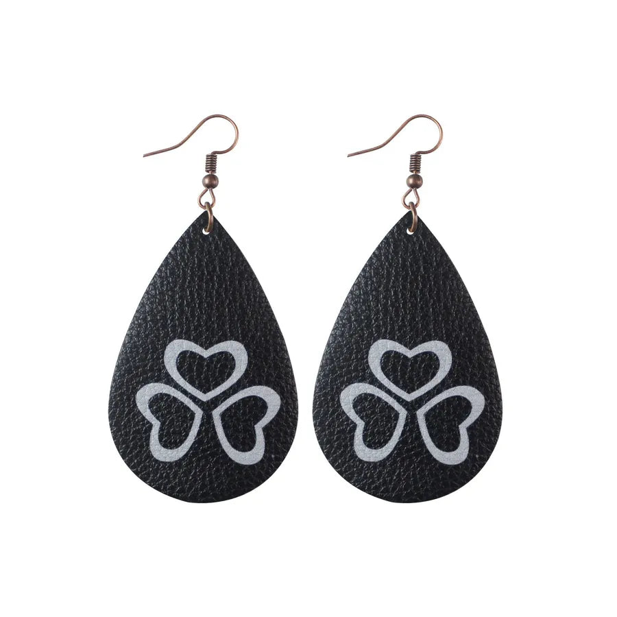 1 pair fashion four leaf clover water droplets pu leather st. patrick women's drop earrings