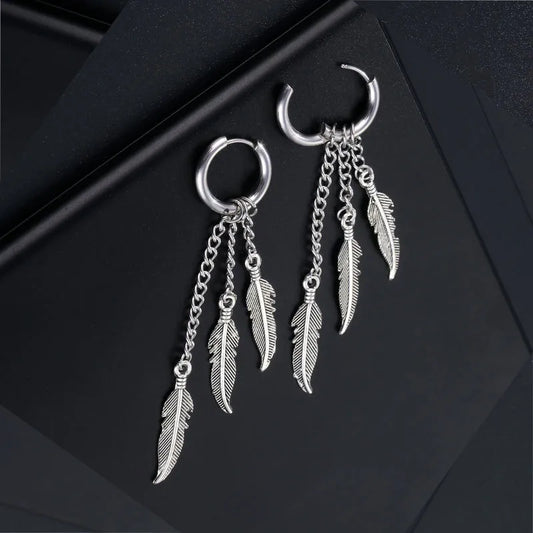 1 piece simple style feather titanium steel tassel chain drop earrings