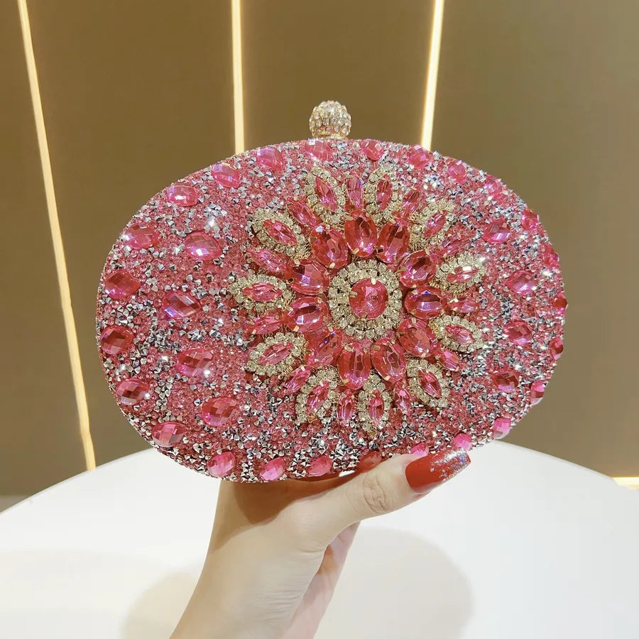 Elegant Diamond Embellished Mini Crossbody Evening Bag Luxury Polyester Round Cylinder Shape Fashion Chain Element