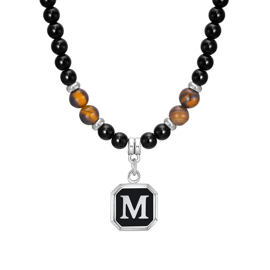 Simple Style Letter 304 Stainless Steel Arylic Tiger Eye Beaded Handmade Inlay Tiger Eye Men's Pendant Necklace