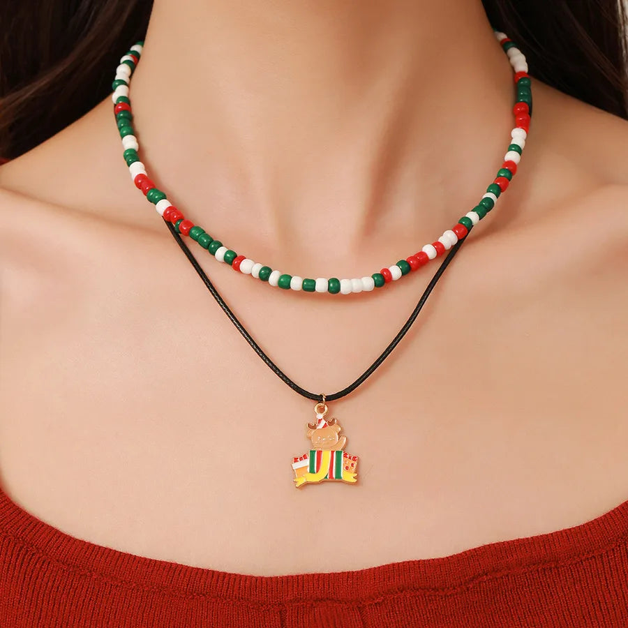 Christmas Themed Double Layered Necklace With Santa Claus Design Glass Beads Clavicle Chain Jewelry Accessory For Unisex Use