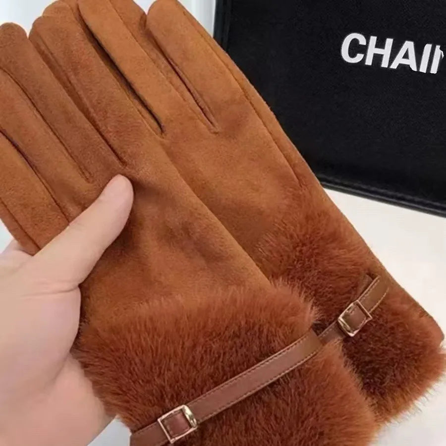 Warm Outdoor Suede Gloves Women's Winter Fashionable Windproof Cold-resistant Faux Fur Edged Gloves Bulk Shipping Available