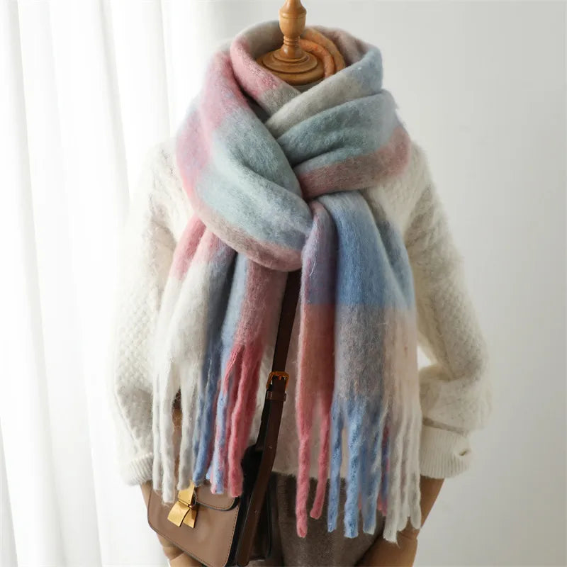 women's casual plaid imitation cashmere tassel scarf