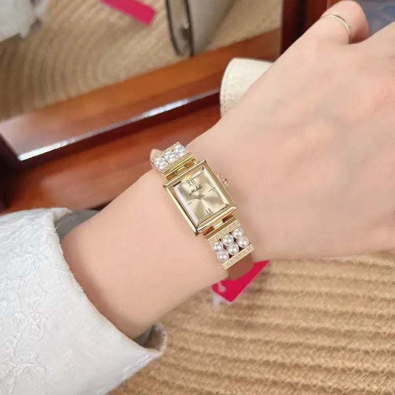 Luxurious Pearl Women's Watch Genuine Leather Strap Quartz Movement Square Face Fashionable Minimalist Design New  Model