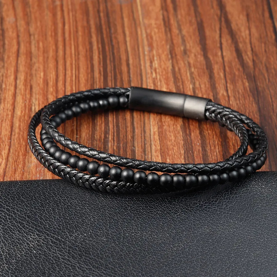 Retro Punk Geometric 316L Stainless Steel  Pu Leather natural stone Men's Bracelets Men Cord & Leather Bracelets