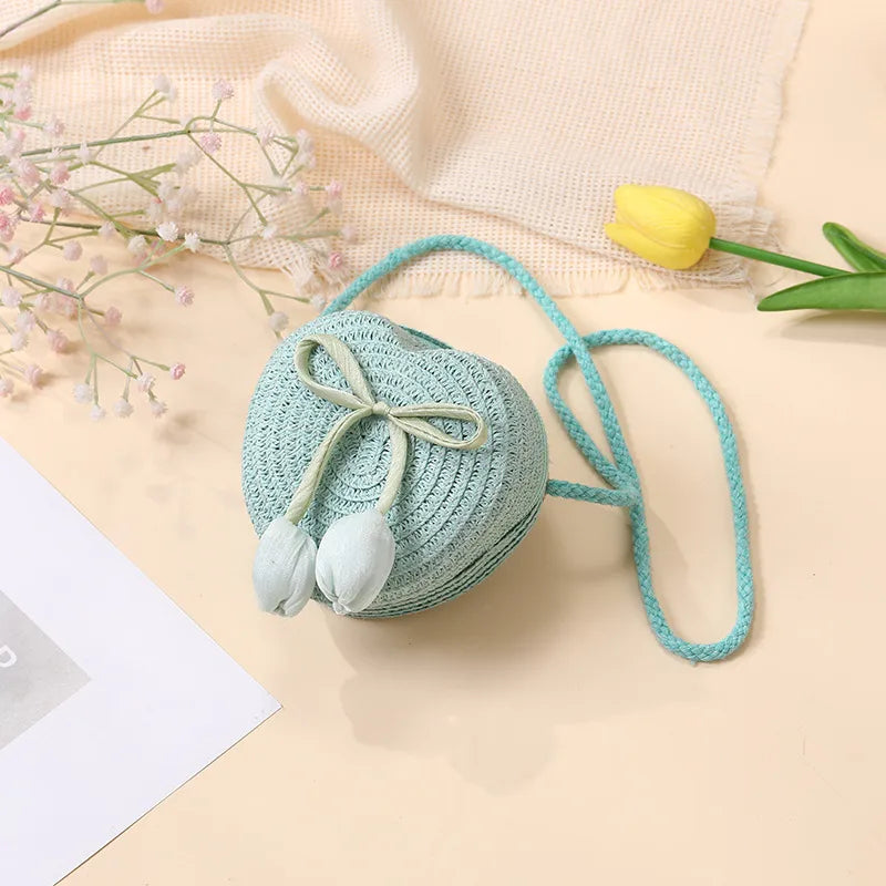Summer Beach Seaside Tulip Straw Woven Bag  New Children Flower Straw Bag Mobile Phone Crossbody Bag