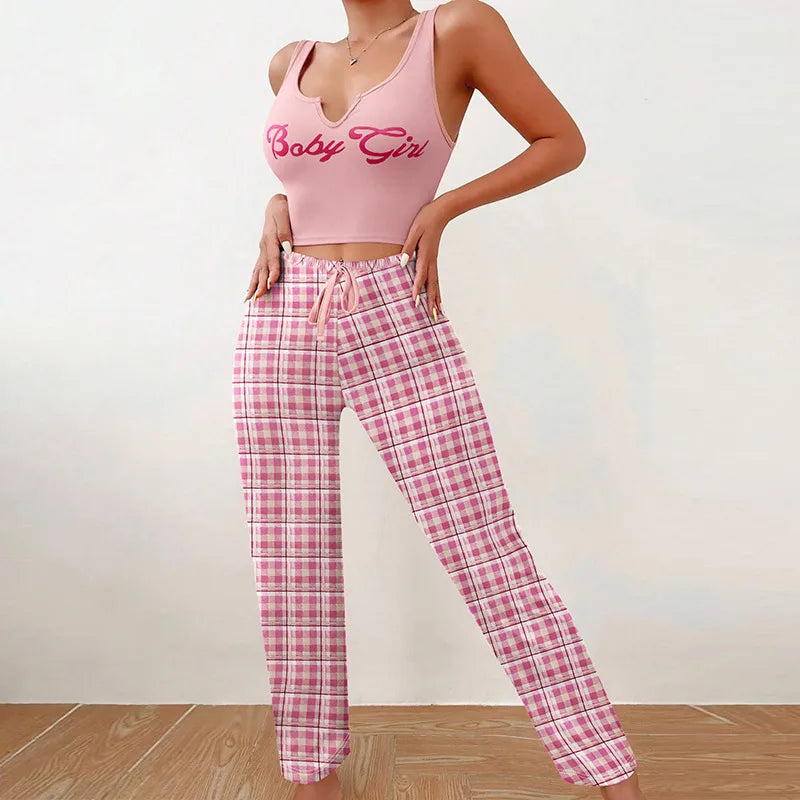 BabyGirl   homewear vest color matching plaid trousers letter printed top women's pajamas
