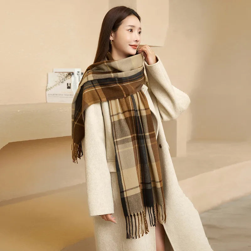women's fashion plaid imitation cashmere tassel winter scarves