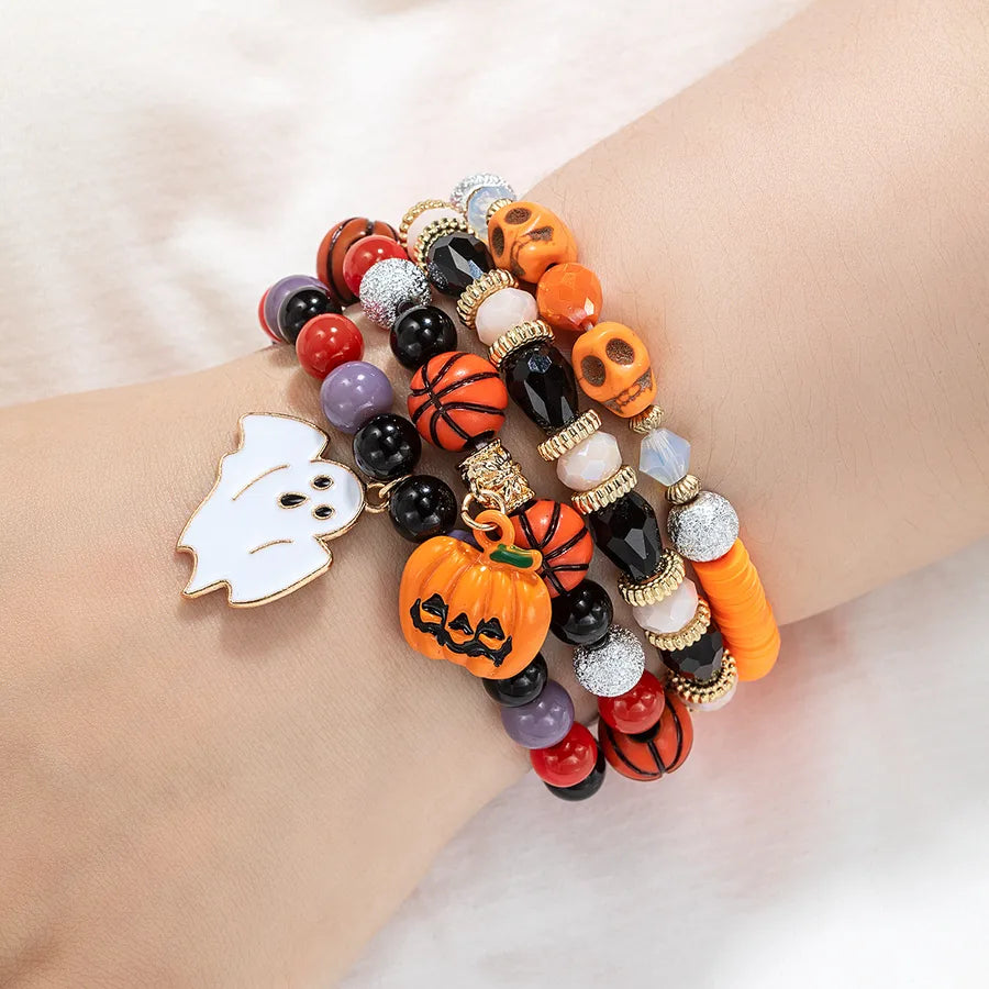 Halloween Alloy Pumpkin Ghost Pendant Resin Skeleton Random Beads Soft Clay Elastic Ladies Bracelet 4 Piece Set Geometric Pattern