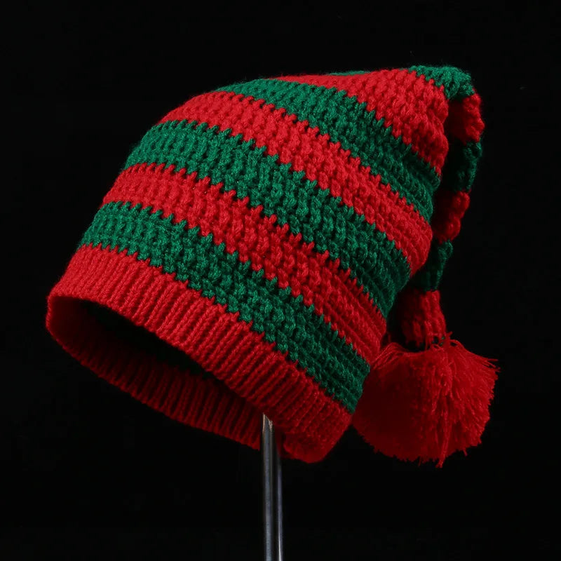 Red Christmas Festival Knitted Wool Hat Autumn and Winter Fur Ball Striped Parent-Child Warm Christmas Gift Knitted Hat