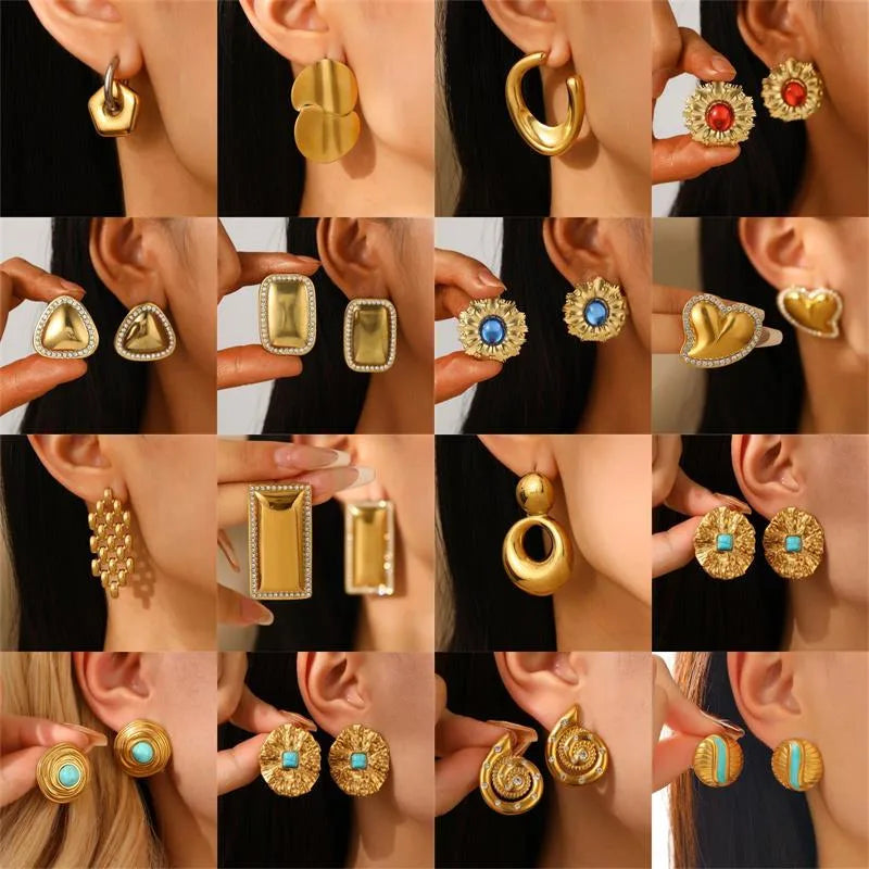 Casual Streetwear Geometric Plating 316 Stainless Steel  December Birthstone Turquoise Zircon 18K Gold Plated Bullet Backs Ear Studs