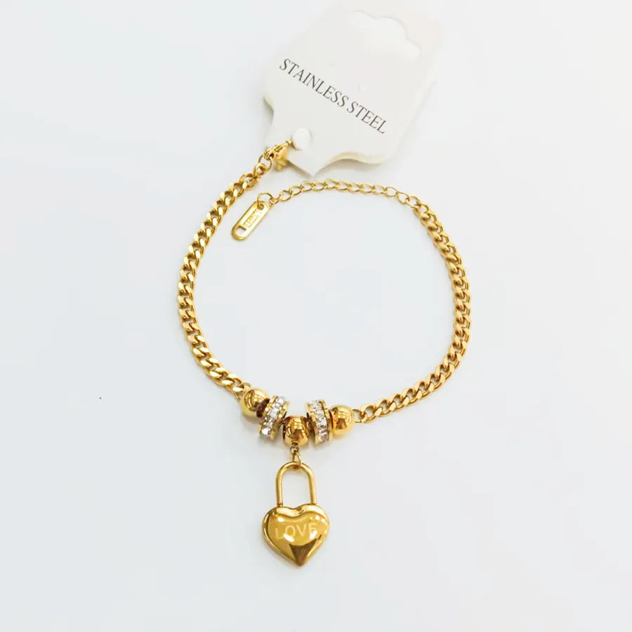 Casual Elegant Simple Style Love Heart Shape Smiley Face 304 Stainless Steel Zircon Paperclip Chain cable chain Bracelets In Bulk
