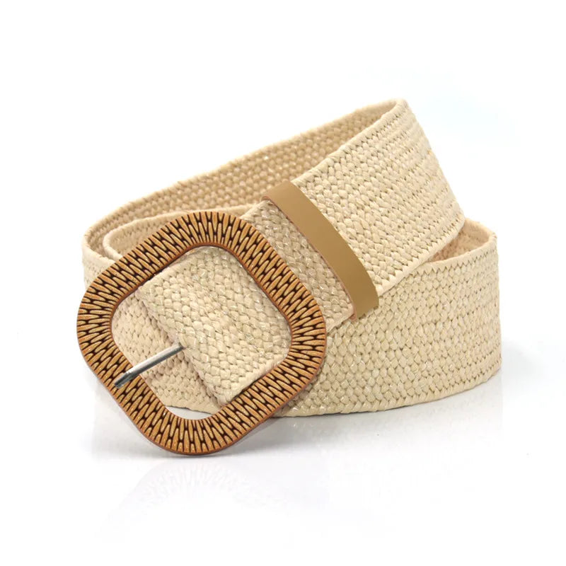 Simple fashion straw elastic waist girdle women's accessories dress body shaping belt wooden buckle waist girdle
