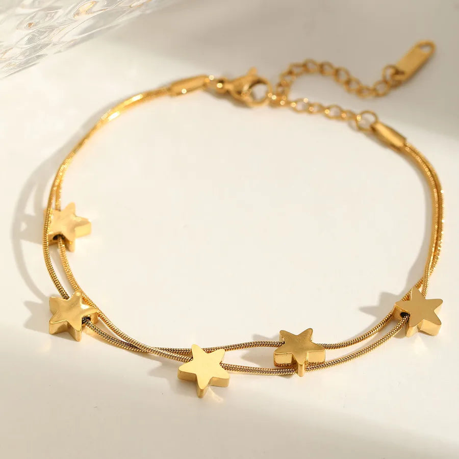 Casual Cute Lady Star Solid Color 304 Stainless Steel 18K Gold Plated Twisted Rope Chain Double-Layer Bracelet Multi Charms Bracelet In Bulk