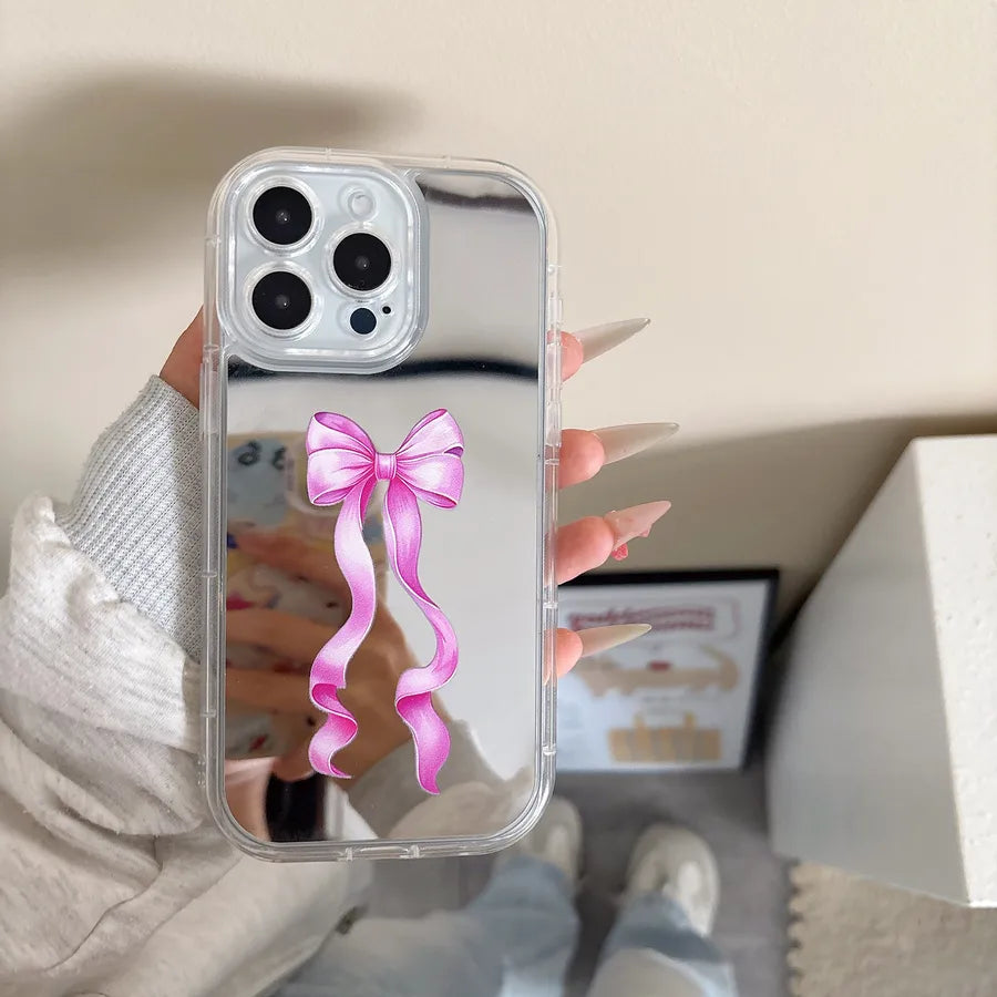 Delicate Mirror Apple Protective Case Pink Butterfly Bow Decorative Practical Makeup Mirror Precise Hole Location Sweet Girl Essential