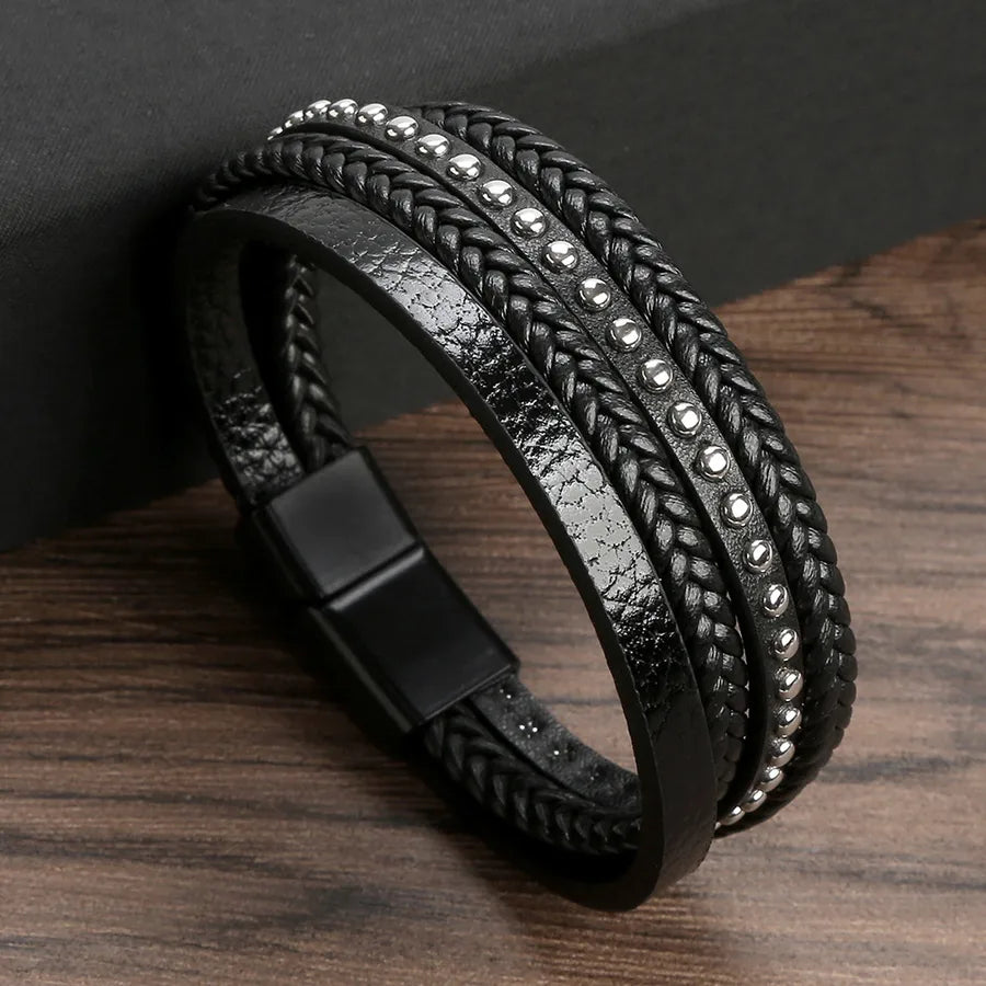 roman style streetwear solid color pu leather alloy men's bangle
