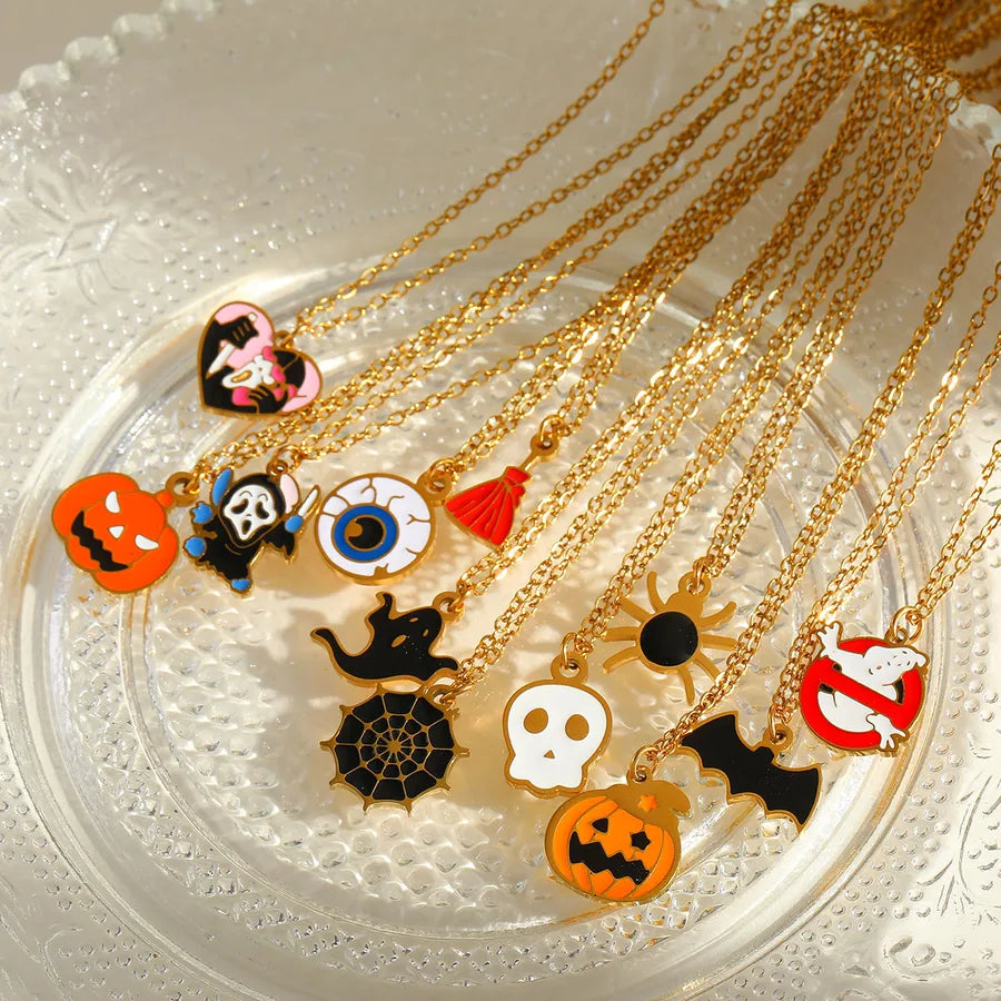 Gold Plated Stainless Steel Halloween Series Drop Oil Pumpkin Face Pendant Necklace Funny Skeleton Head Spider Design Jewelry