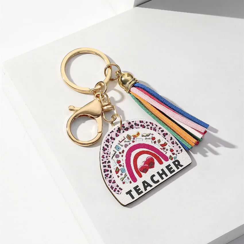 Modern Style Letter Rainbow Tassel Wood Teachers' Day Unisex Keychain