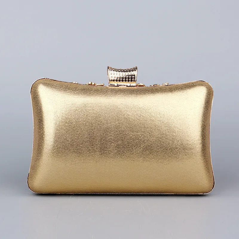 black gold silver pu leather flower rhinestone square clutch evening bag