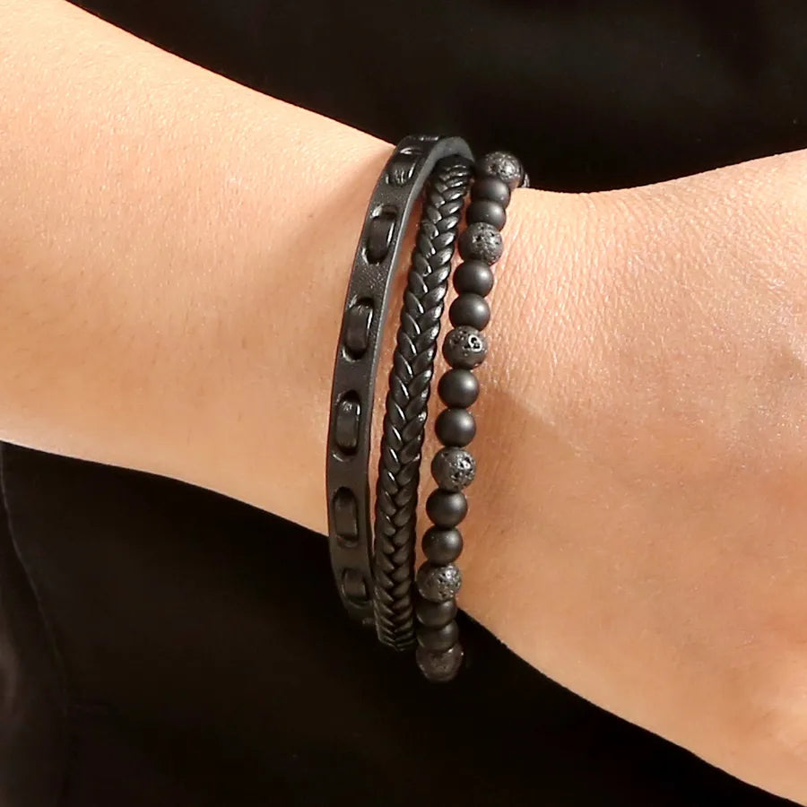 vintage style classic style twist pu leather natural stone handmade men's bangle