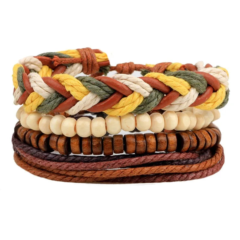 casual letter feather wings pu leather alloy beaded patchwork men's bracelets