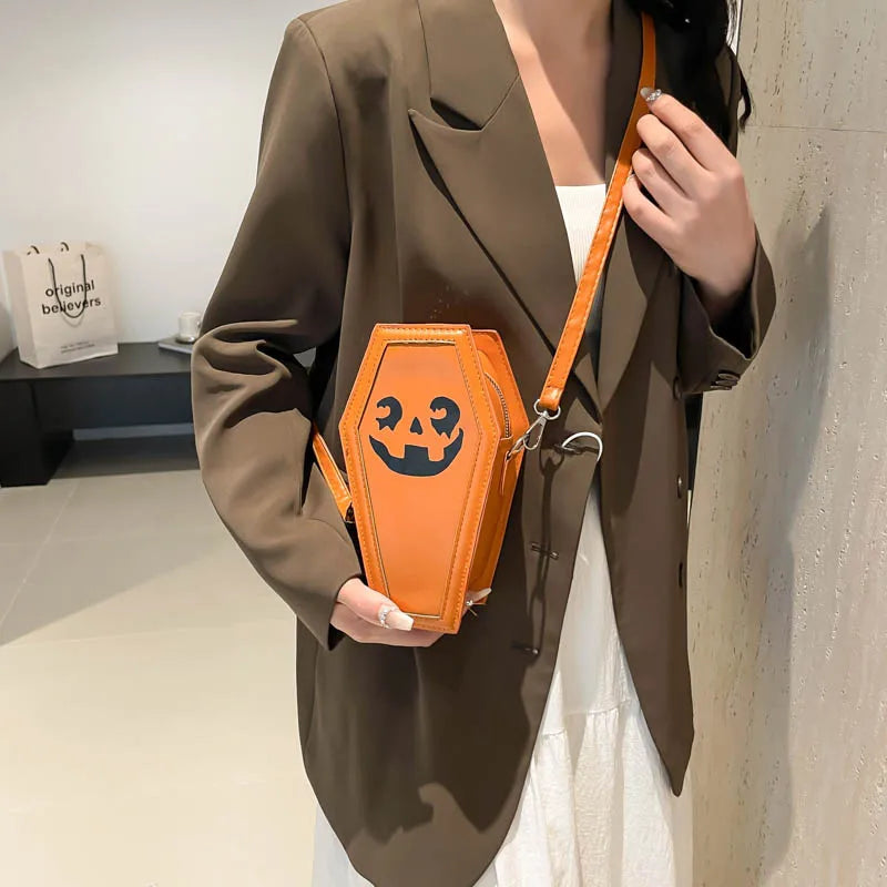 Creative Ghost Print Halloween Women's Bag Single Shoulder Casket Shape Fashionable Pumpkin Patterned Square PU Handbag