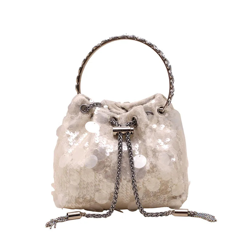 black yellow silver sequin solid color bucket evening bags