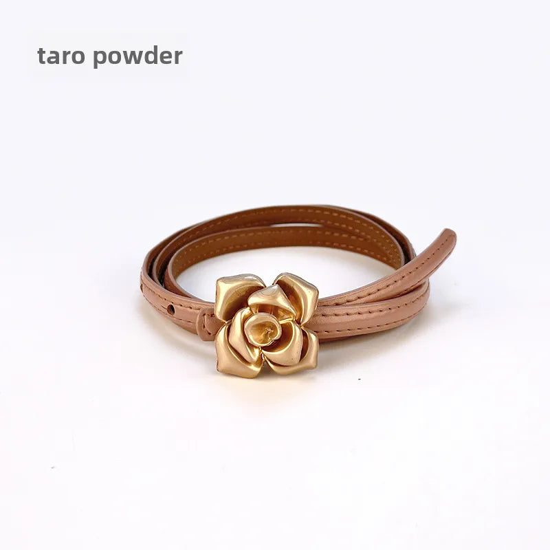 New Genuine Leather Women's Thin Belt Women's Flower Waist Slim Cowhide Women's Belt with Sweater Dress