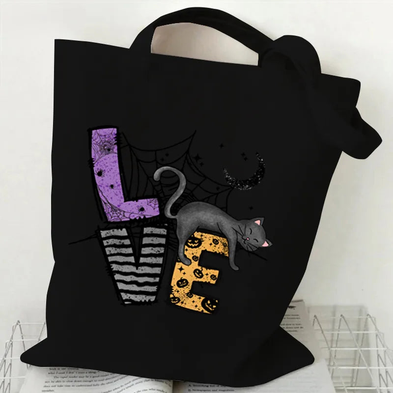Halloween Cartoon Pumpkin Decorated Student Canvas Bag Handbag Shopping Commuter Bag Large Square Fashion Tote Bag